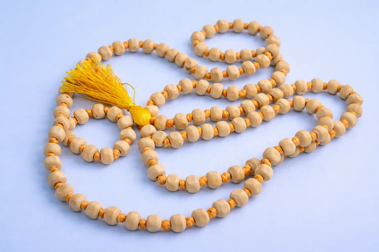 Original Tulsi Japa Mala with 108 natural wooden beads and yellow tassel for meditation (3) Original Tulsi Japa Mala