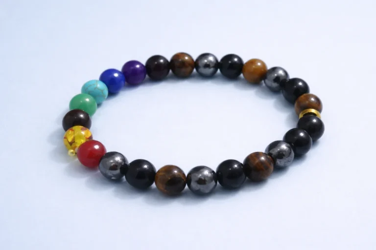 Seven chakra healing bracelet made with natural gemstone beads for meditation and energy balance